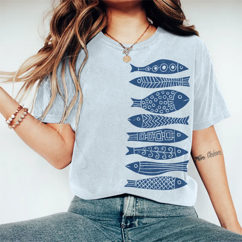 100% Cotton Fish Japanese Lino Art Print Casual T-shirt - Light Blue - 2XL - image 2