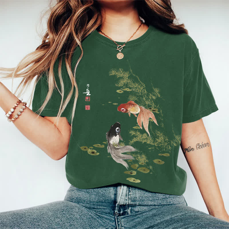 100% Cotton Japanese Koi Art Print Casual T-shirt - Dark Green - 2XL - image 2