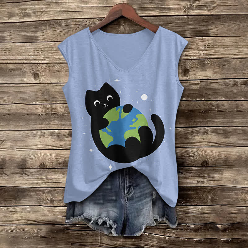 Women's Funny Cat Holding The Earth Art Print V-neck Tank Top - Light Blue - 5XL - image 1