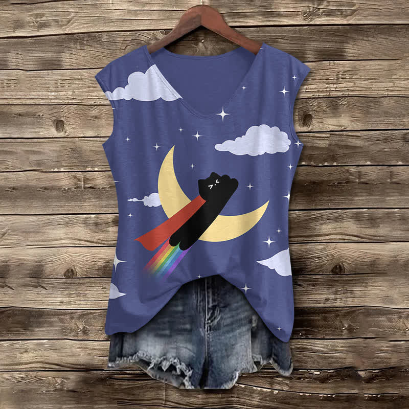 Women's Funny Cat Stepping Rainbow To The Sky Art Print V-neck Tank Top - Blue - 5XL - image 1