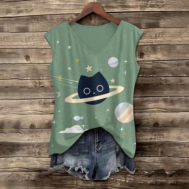Women's Funny Cartoon Universe Black Cat Art Print V-neck Tank Top - Green - 5XL - image 3