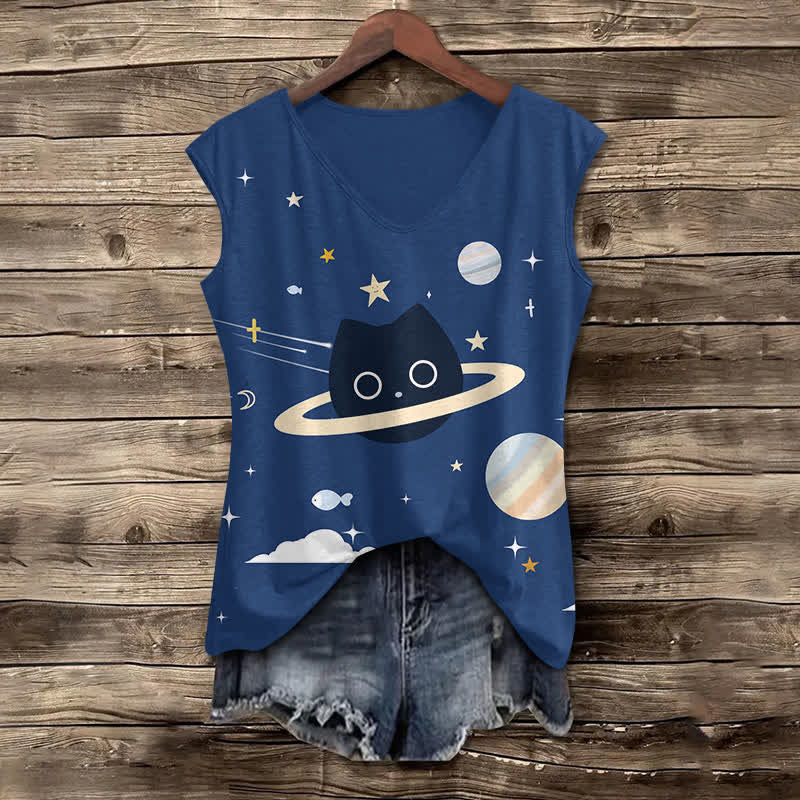 Women's Funny Cartoon Universe Black Cat Art Print V-neck Tank Top - Dark Blue - 5XL - image 2