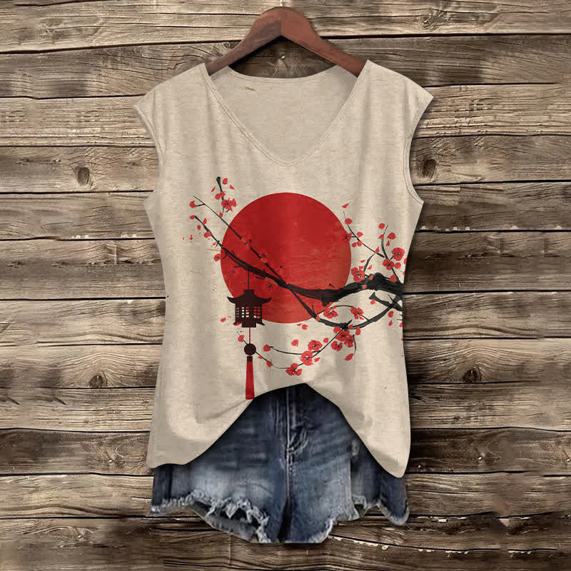 Women's Japanese Moon & Sakura Lantern Art Print V-neck Tank Top - Apricot - 5XL - image 2