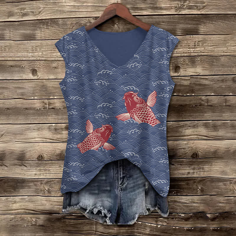 Women's Japanese Wave & Red Koi Art Print V-neck Tank Top - Blue - 5XL - image 1