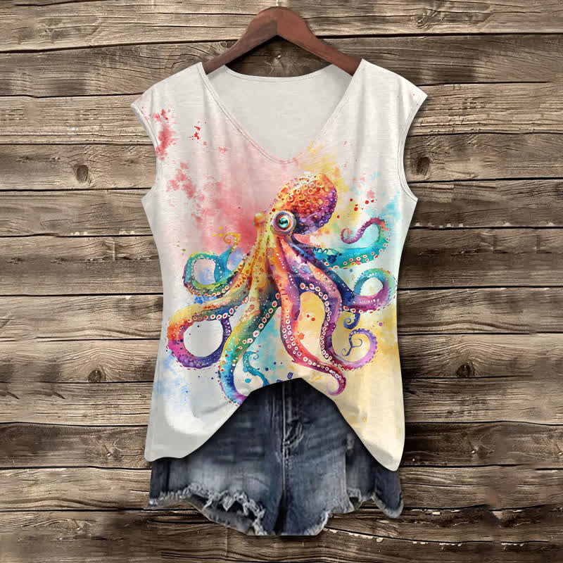 Women's Japanese Colorful Painting Octopus Art Print V-neck Tank Top - White - 5XL - image 1