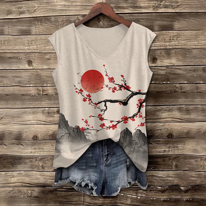 Women's Japanese Landscape Painting Of Sakura Art Print V-neck Tank Top - Khaki - 5XL - image 1