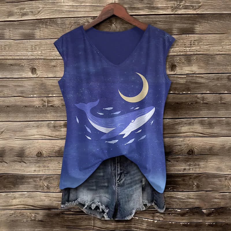 Women's Starry Whale Under The Moon Art Print V-neck Tank Top - Blue - 5XL - image 1