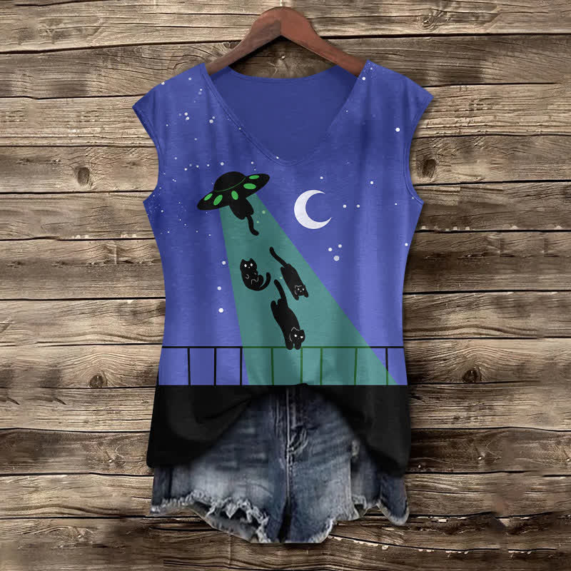 Women's Contrast UFO Catching Cats Art Print V-neck Tank Top - Blue - 5XL - image 1