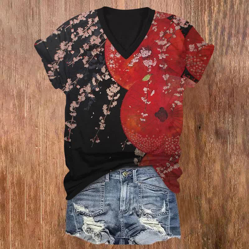 Japanese Contrast Sakura Umbrella Art Print V-neck T-shirt - Red - US32-34(5XL) - image 1