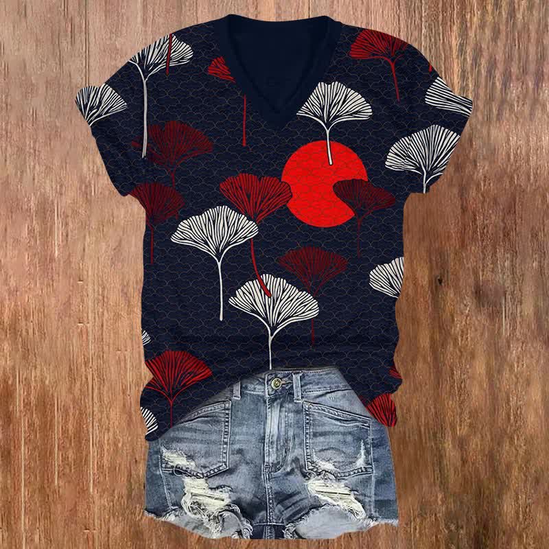 Japanese Vintage Fan-shape Floral Art Print V-neck T-shirt - Black - US32-34(5XL) - image 1