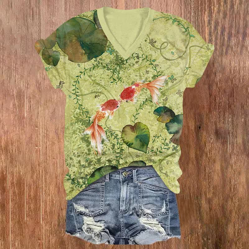 Japanese Loving Goldfish In Lotus Pond Art Print V-neck T-shirt - Green - US32-34(5XL) - image 1