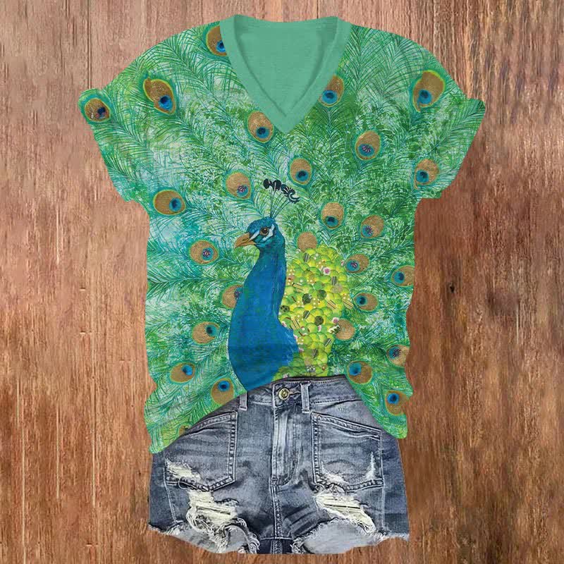 Japanese Oil Painting Peacock Art Print V-neck T-shirt - Green - US32-34(5XL) - image 1