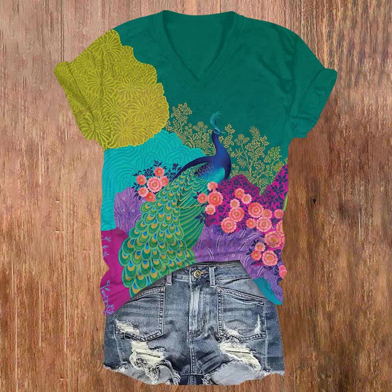 Japanese Colorful Floral Peacock Art Print V-neck T-shirt - Green - US32-34(5XL) - image 1