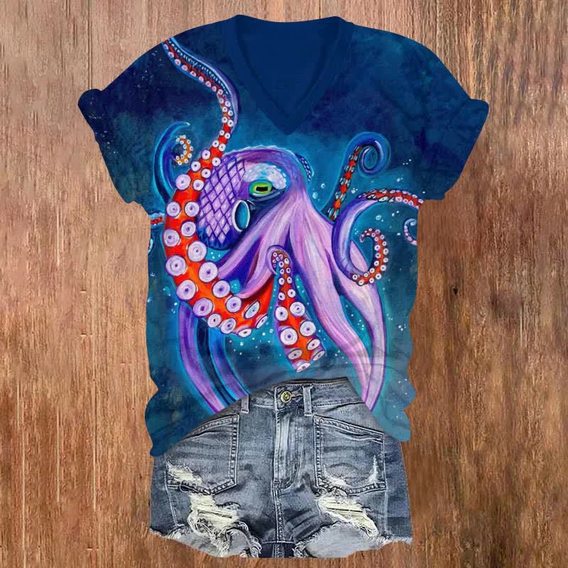 Japanese Fantasy Ombre Purple Octopus Art Print V-neck T-shirt - Blue - US32-34(5XL) - image 1