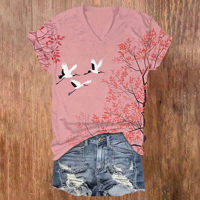 Japanese White Crane Flying Across Maple Tree Print V-neck T-shirt - Pink - US32-34(5XL) - image 1