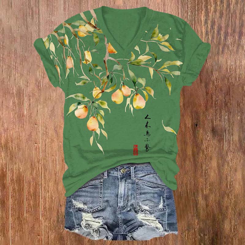 Japanese Vintage Pear Tree Art Print V-neck T-shirt - Olive Green - US32-34(5XL) - image 2