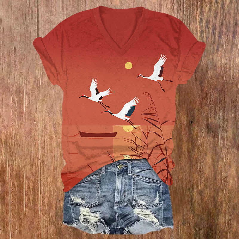 Japanese Vintage Solid Color Crane Pattern Print V-neck T-shirt - Red - US32-34(5XL) - image 2
