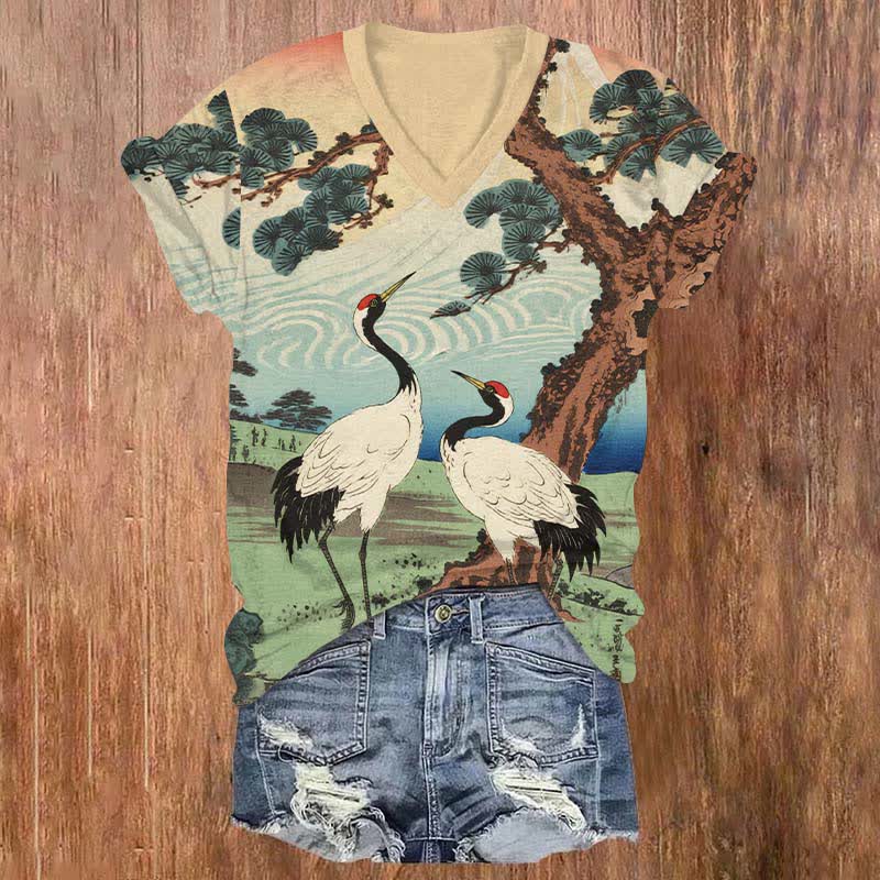 Japanese Retro White Crane Under Pine Tree Art Print V-neck T-shirt - Multicolor - US32-34(5XL) - image 1