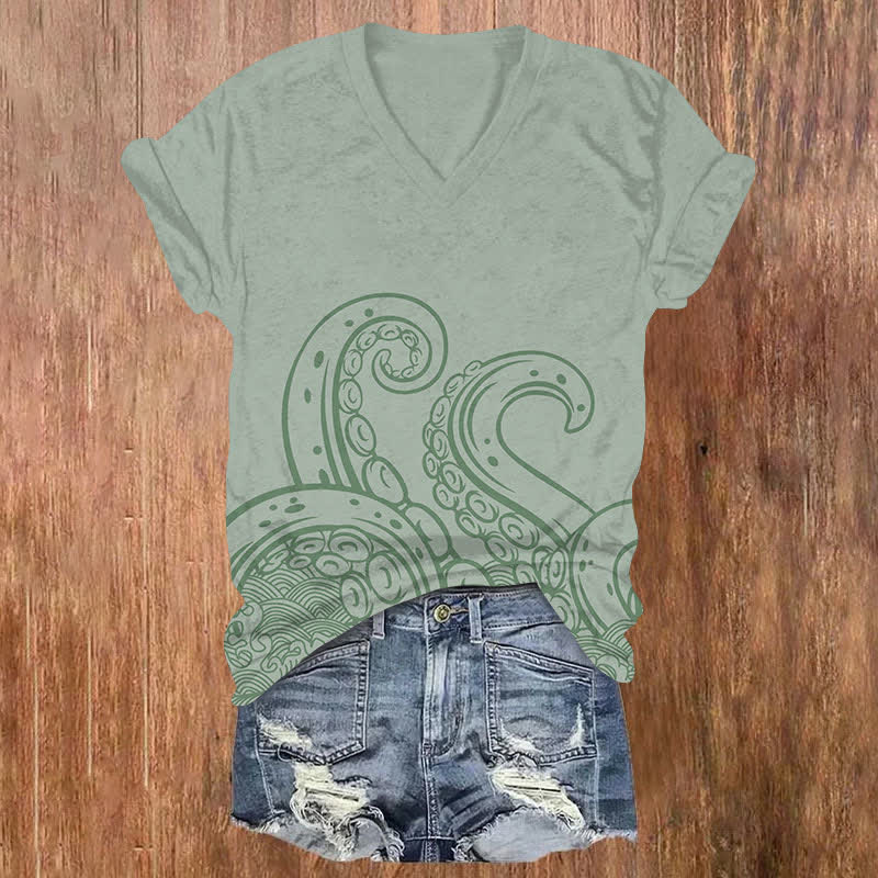  Japanese Solid Octopus Tentacles Art Print V-neck T-shirt - Olive Green - US32-34(5XL) - image 3
