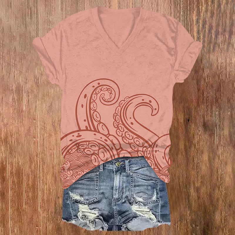  Japanese Solid Octopus Tentacles Art Print V-neck T-shirt - Pink - US32-34(5XL) - image 2