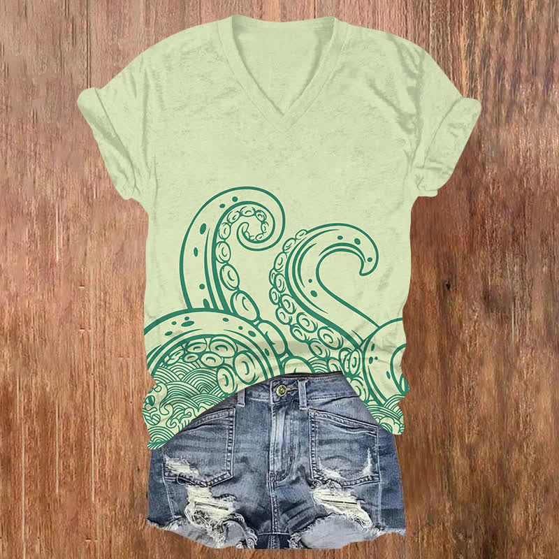  Japanese Solid Octopus Tentacles Art Print V-neck T-shirt - Mint - US32-34(5XL) - image 4
