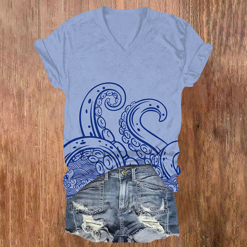  Japanese Solid Octopus Tentacles Art Print V-neck T-shirt - Blue - US32-34(5XL) - image 1
