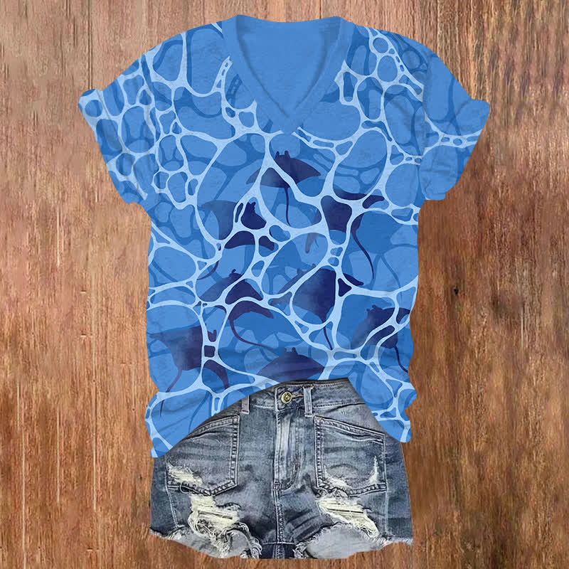 Vintage Ocean Wave Ripple Ray Print V-neck T-shirt - Blue - US32-34(5XL) - image 2