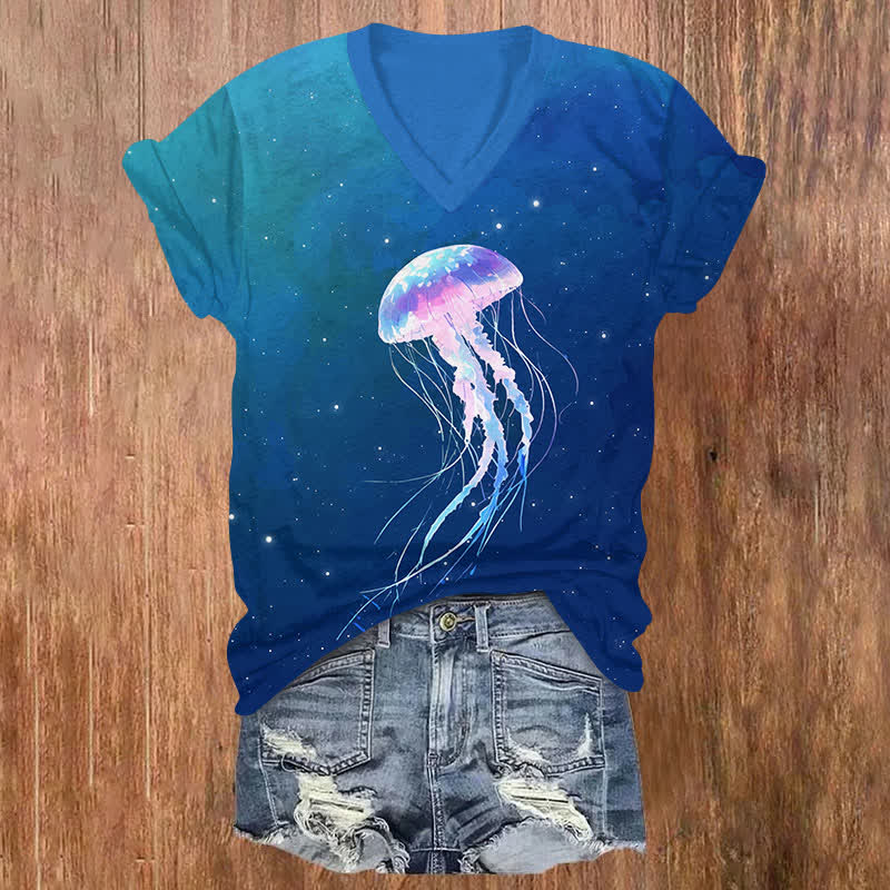 Vintage Ombre Starry Fantasy Jellyfish Art Print V-neck T-shirt - Blue - US32-34(5XL) - image 1