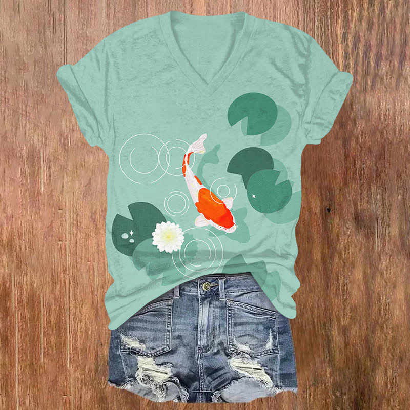  Vintage Cartoon Koi In Lotus Pond Art Print V-neck T-shirt - Green - US32-34(5XL) - image 1