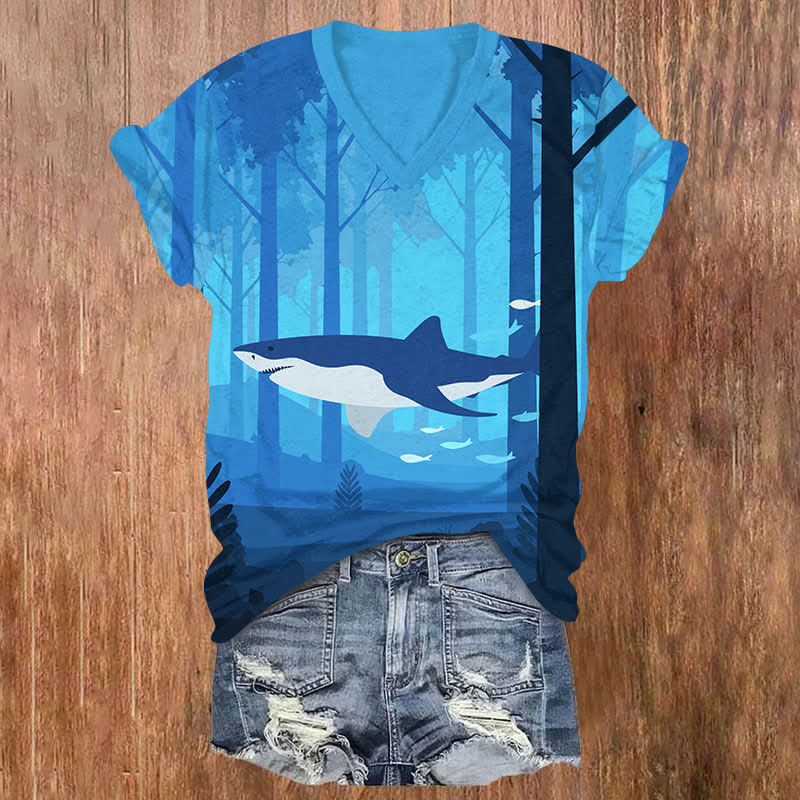 Funny Shark Swimming In Forest Art Print V-neck T-shirt - Blue - US32-34(5XL) - image 2