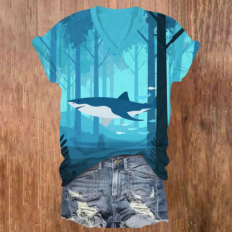 Funny Shark Swimming In Forest Art Print V-neck T-shirt - Sky Blue - US32-34(5XL) - image 1