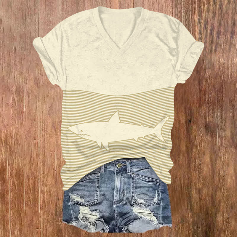 Funny Striped Ocean Shark Art Print V-neck T-shirt - Yellow - US32-34(5XL) - image 2