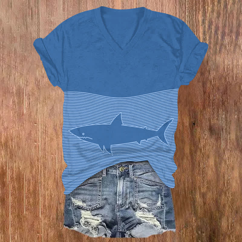 Funny Striped Ocean Shark Art Print V-neck T-shirt - Blue - US32-34(5XL) - image 1