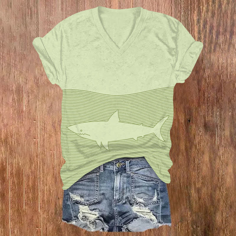Funny Striped Ocean Shark Art Print V-neck T-shirt - Green - US32-34(5XL) - image 3