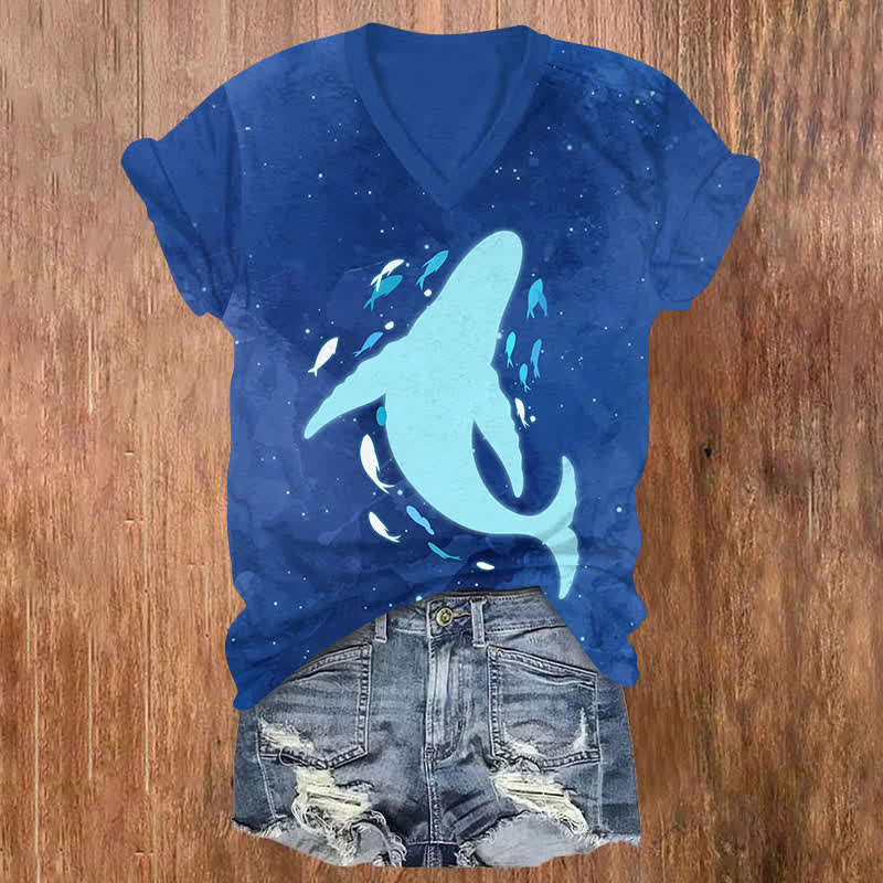 Starry Sky Glowing Whale Art Print V-neck T-shirt - Blue - US32-34(5XL) - image 1