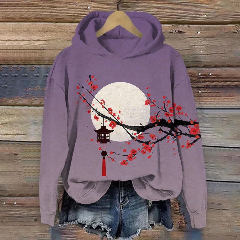 Japanese Sun & Lantern On Plum Blossom Art Print Long Sleeve Hoodie - Purple - US44-46(8XL) - image 1