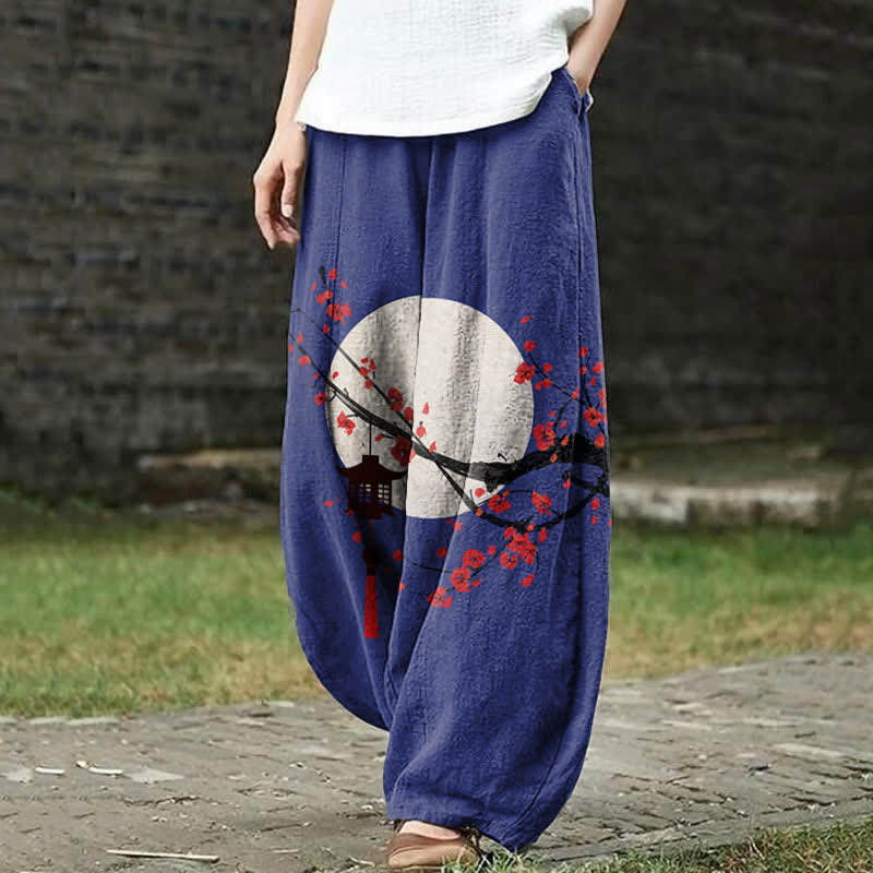 Japanese Sun & Lantern On Plum Blossom Art Print Casual Pants - Blue - US18(5XL) - image 2