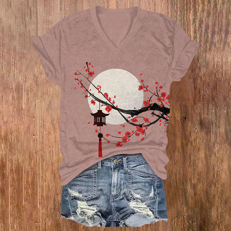 Japanese Sun & Lantern On Plum Blossom Art Print V-neck T-shirt - Nude - US32-34(5XL) - image 5