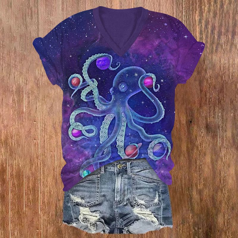 Octopus And The Planet Art Print V-neck T-shirt  - Purple - US32-34(5XL) - image 1