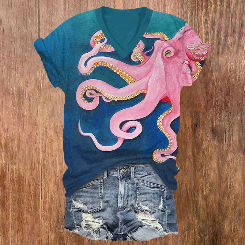 Pink Octopus Art Print V-neck T-shirt - Blue - US32-34(5XL) - image 1