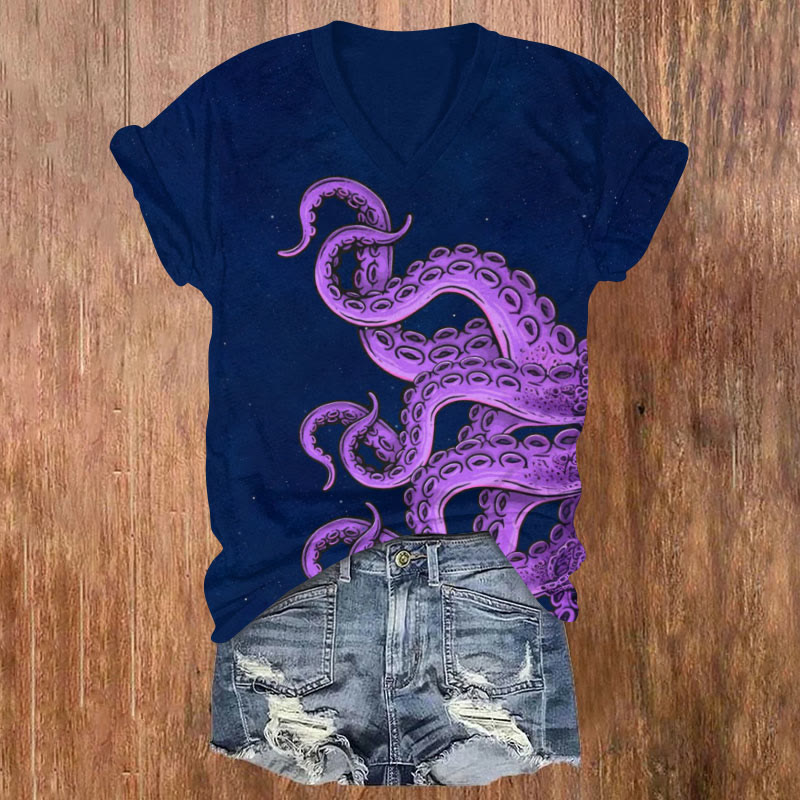 Purple Octopus Art Print V-neck T-shirt - Blue - US32-34(5XL) - image 1
