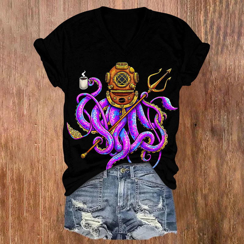 Octopus And Coffee Art Print V-neck T-shirt - Black - US32-34(5XL) - image 2