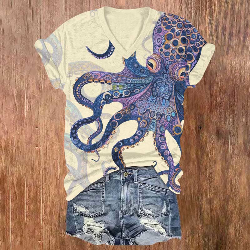 Unique Exquisite Octopus Pattern Print V-neck T-shirt - Apricot - US32-34(5XL) - image 1