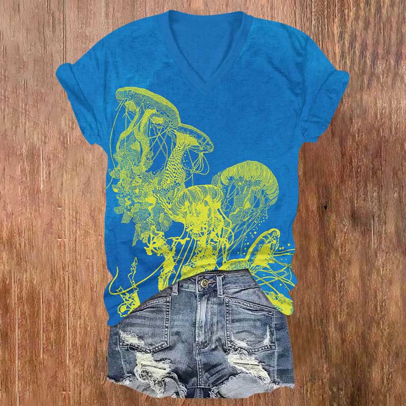 Ocean Inspired Style Neon Jellyfish Print V-neck T-shirt - Blue - US32-34(5XL) - image 1
