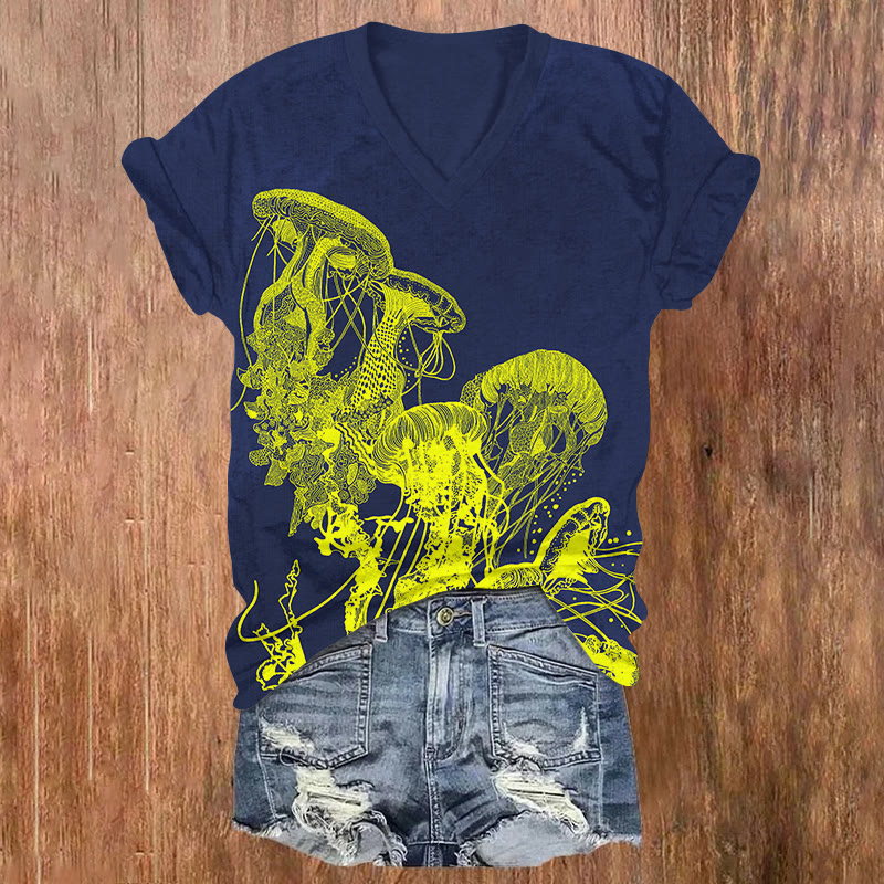 Ocean Inspired Style Neon Jellyfish Print V-neck T-shirt - Royal Blue - US32-34(5XL) - image 2