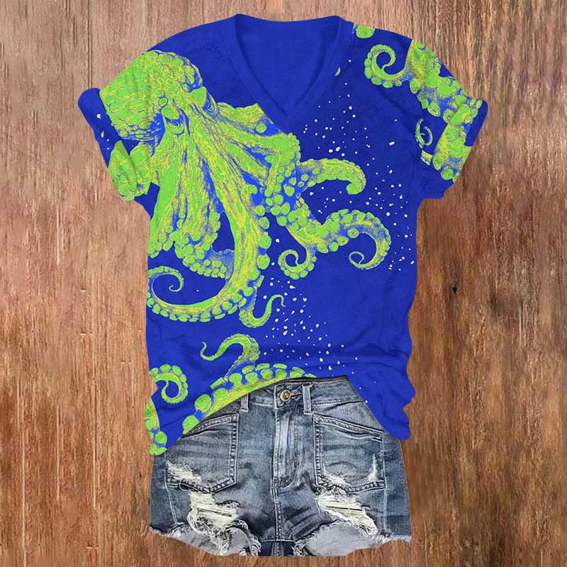 Ocean Vibrant Octopus Print V-neck T-shirt - Blue - US32-34(5XL) - image 2