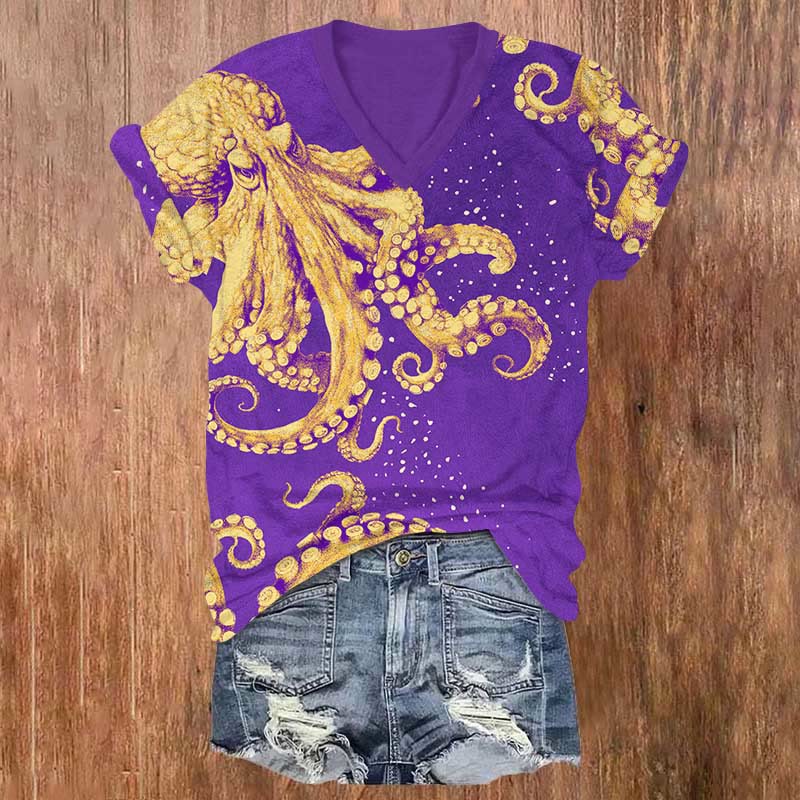 Ocean Vibrant Octopus Print V-neck T-shirt - Purple - US32-34(5XL) - image 1