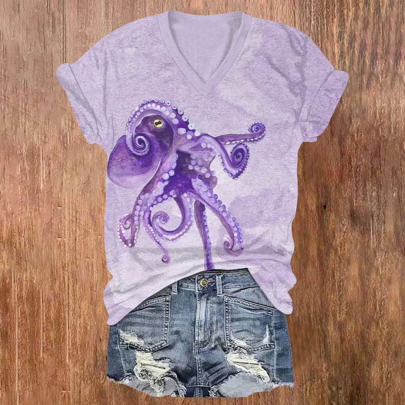 Ocean Artistic Octopus Print V-neck T-shirt - Purple - US32-34(5XL) - image 1