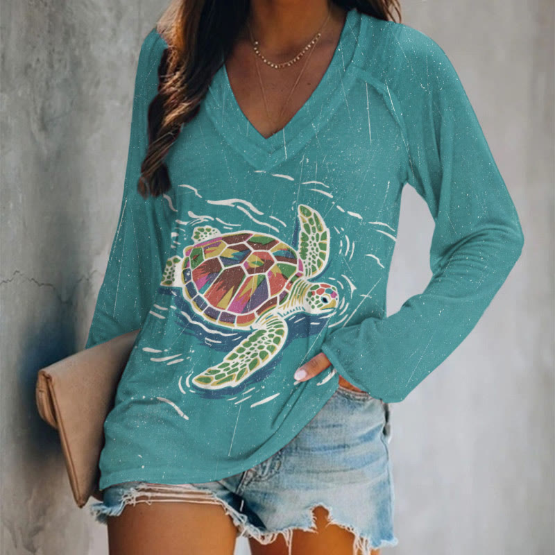 Rainy Colorful Sea Turtle Art Print Long Sleeve T-shirt - Lake Blue - 5XL - image 1