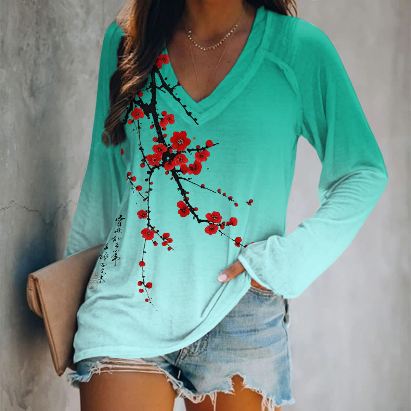 Japanese Vintage Plum Blossom Art Print Long Sleeve T-shirt - Lake Blue - 5XL - image 3